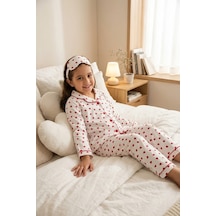 Ahengim Kız-erkek Çocuk Çizgili Kalpli Puantiyeli Desenli Pamuklu Pijama Takımı Göz Bantlı 3 Lü Set Ak2610 Beyaz