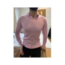 Cool Tarz Pembe Erkek Polo Yaka Fitilli Triko Kazak Pembe Pembe