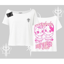 Tarzsokak Born To Be A Star Yazılı Sevimli Kedi Arka Baskılı Kayık Yaka Tshirt Beyaz