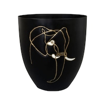 Lea Fil Desenli Siyah Metal Saksı Çap 16cm Yükseklik 17cm