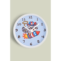 Roket Üstünde Kovboy Rakun Çocuk Odası Duvar Saati - 42cm - Önü Camlı Beyaz Kasa - Sessiz Mekanizma Beyaz