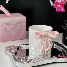 Kurdele Kupa Pembe - Hediye Seramik Kupa Açık Altın