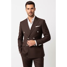 Gümüş Renk Metal Düğmeli Modern Fit Kruvaze Kahverengi Erkek Takım Elbise Wessi