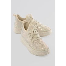 Mubiano Kadın Sneaker Taş Detaylı Kalın Tabanlı Diamond Bej Bej