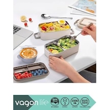2000ml Lunchbox 2 Katlı 3 Bölmeli Mini Kaseli Çelik Sefer Tası Yemek Kutusu Beyaz Açık