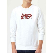 Slayer Grubu Logosu Rock Music Baskılı Beyaz Erkek Örme Sweat