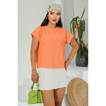Lupinn Moda Kadın Turuncu Basic Kısa Kollu Yuvarlak Yaka Yazlık Rahat Fit Bluz - Üst - T-shirt Turuncu