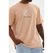 Suma Bej Renk Unisex Oversize Baskılı T-shirt