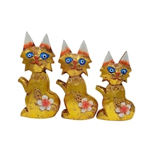 Ahşap Simli Üçlü Kedi Dekoratif Biblo No.2 17 Cm