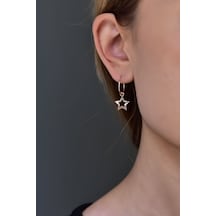 925 Ayar Gümüş Rose Kaplama Fırfırlı Yıldız Halka ve Top Küpe UVPS300769-3