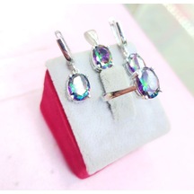 Oriental Kuyumculuk Jewellery Mistik Topaz Taşlı Oval Kolye Küpe Yüzük Gümüş Set Takım Gümüş