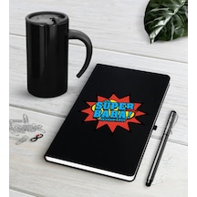 Kişiye Özel Süper Baba Siyah Defter Kalem Termos Mug Seti-2 Siyah