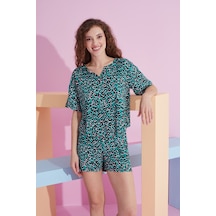 Siyah İnci Likralı Örme T-shirt-şort Pijama Takım 7809 Yeşil