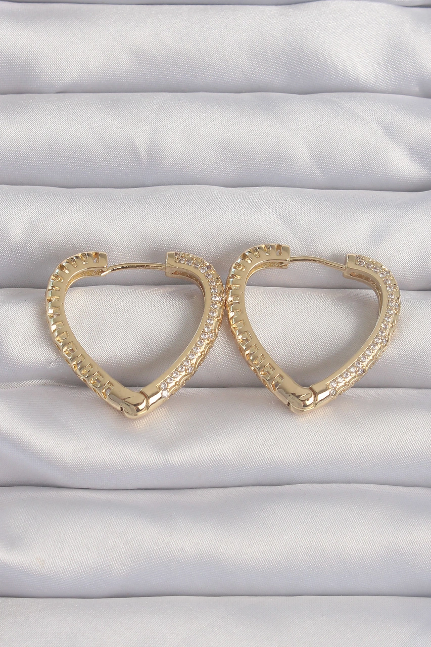 Nova Bazaar Pirinç Gold Renk Zirkon Taşlı Motifli Kalp Küpe Altın