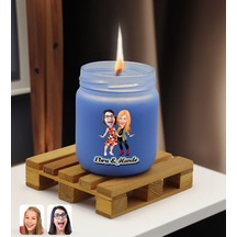 Bk Gift Kişiye Özel Dtf Anne Kız Karikatürlü Mavi Renkli Cam Kavanozda Kokulu Mum-1, Arkadaşa Hediye, Anneye Hediye, Doğum Günü Hediyesi