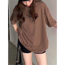 Thousand Süprem T-shirt - Kahverengi Baskılı Oversize Bisiklet Yaka Kısa Kol Tişört Kahverengi