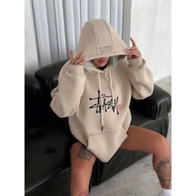 Nnstartshopping Üç İplik Kapşonlu Baskılı Sweatshirt - Bej Bej