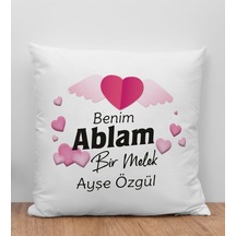 Bk Gift Kişiye Özel Benim Ablam Bir Melek Tasarımlı Beyaz Kırlent Yastık, Ev si, Doğum Günü si