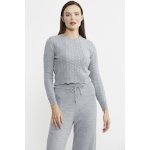 Sementa Saç Örgü Dilimli Crop Triko Kazak - Gri 001