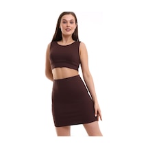 Winmoda34 Kadın Etek-crop 2li Takım Fitilli Kumaş Full Likralı Kahve