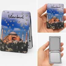 İstanbul Temalı Simli Büyüteçli Pratik Mini Cep Çanta Makyaj Aynası Çok Renkli
