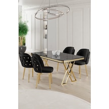 Canisa Rigel Serisi 80x130 Lak Panel Siyah Mermer Desen Masa Takımı Gold Ayaklı 4 Siyah Sandalye Masa Siyah Mermer Desen Sandalye Siyah