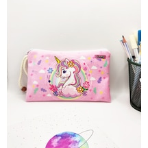 Bahar Unicorn Çiçekli Desenli Kalem Kutusu Yıkanabilir Bez Kalemlik Pembe