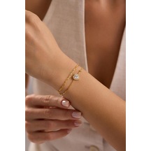 925 Ayar Gümüş Gold Kaplama Çift Zincirli Tektaş Kalp Model Bileklik