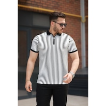 Erkek Çizgili Fermuar Yakalı Kısa Kollu Tişört Ekru - Siyah