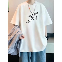 20/1 Penye Compack Uçak Baskılı Oversize Bisiklet Yaka Kısa Kol T-shirt - Beyaz Çok Renkli