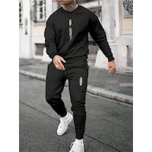 Erkek Siyah Dikey Baskılı Oversize Bisiklet Yaka Eşofman Takımı 001