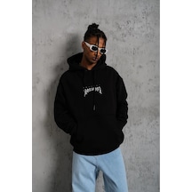 Erkek Baskılı Kapüşonlu Ve Kanguru Cepli Sweatshirt Hoodie- Siyah