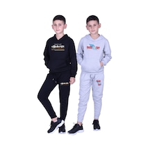 Fyk Kids Erkek Çocuk Baskılı Kanguru Cepli Kapüşonlu 2li Eşofman Takımı Siyah - Gri