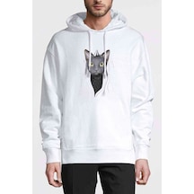 Cat Inside Baskılı Beyaz Erkek Örme Kapşonlu Sweatshirt