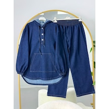 Lovie Moda Kapüşonlu Çıtçıtlı Cep Detaylı Pantolonlu Kot Takım Lacivert