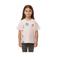 Toontoy Kids Toontoy Kız Çocuk Bisiklet Yaka Düşük Omuz Kısa Kollu Baskılı Tişört 25005 Pudra
