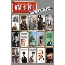 Atatürk Görselli Mini Retro Ahşap Poster Seti 15'li Set 1 Poster Hediye - 703276981