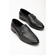 Hakiki Deri Küçük Tokalı Kroko Baskılı Siyah Erkek Klasik Ayakkabı-3021-siyah
