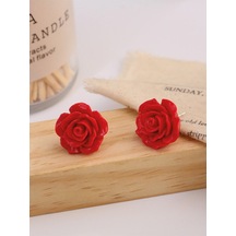 Kırmızı Gül Model Kadın Gümüş Küpe 8 Mm