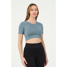 Forever More Kadın V Yaka Kısa Kollu Dikişsiz Esnek T-shirt Crop Top Turkuaz-xs Altın - Beyaz