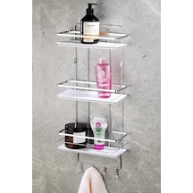 3 Katlı Kancalı Yapışkanlı Banyo Duş Rafı – Ayarlanabilir Kristal Raf (Yapıştır/Vidala) Krom-Beyaz - LŞ-03 - KBKK