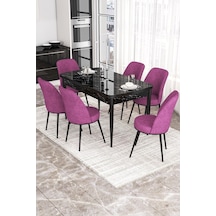 Canisa Concept Kor Serisi, 70x114 Açılabilir Yemek Masası Takımı, Siyah Mermer Desen Masa Ve 6 Mor Sandalye Masa Siyah Mermer Sandalyeler Mor