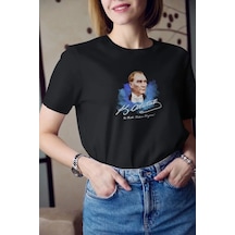 Kadın Kısa Kol Yazlık Tişört Bisiklet Yaka Atatürk Baskılı T-shirt - Siyah