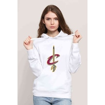 Basketbol Logo Amblem Baskılı Beyaz Kadın Kapşonlu Sweatshirt