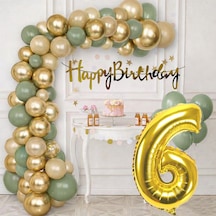 6 Yaş Pompa Hediyeli Doğum Günü Seti Gold Banner Krom Gold Küf Yeşili Kum Beji Balonlar Gold Folyo Rakam Çok Renkli