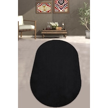 Balat Halı Elips Yumuşak Kaymaz Taban Siyah Peluş Halı Yolluk