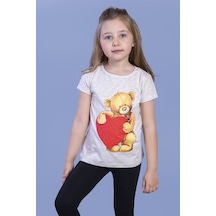 Toontoy Kids Toontoy Kız Çocuk Kalpli Ayıcık Baskılı Taş İşlemeli Tişört Bej