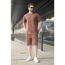 Madmext Kahverengi Batik Desenli Overfit Şort T-shirt Takım E7357 Kahverengi