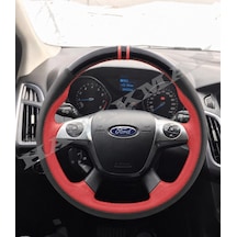 Ford Courier Dikme Direksiyon Kılıfı Parlak Siyah Kırmızı Detaylı Kırmızı Çift Yüzük Ve Dikiş 2014-2023