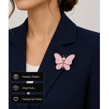 Pembe Butterfly Kadın Broşu İnci Detaylı Zarif Altın Renk Hediye Aksesuar Açık Gri